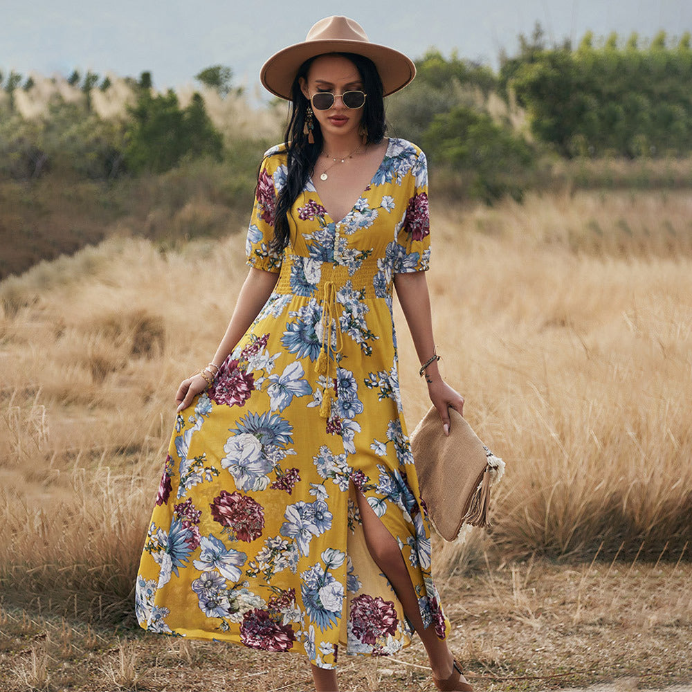 Floral Summer Dress With V Neck Elastic
