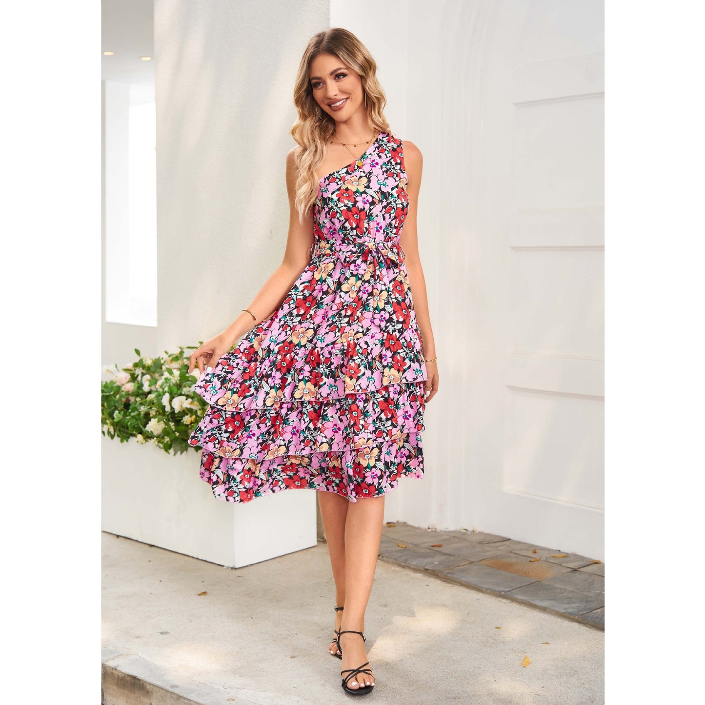 One-shoulder Layered Frill Print Dress
