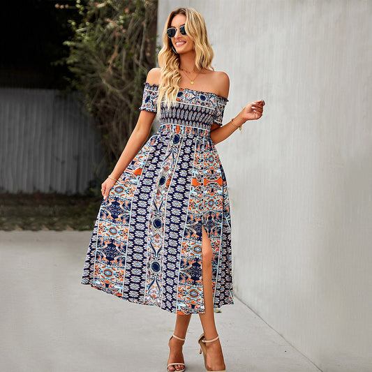 Floral Off Shoulder Split  Beach Dress