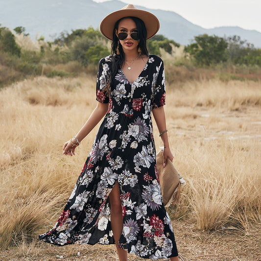 Floral Summer Dress With V Neck Elastic