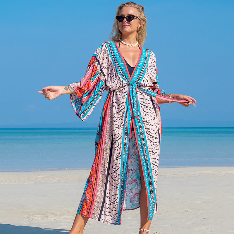 Strickjacke mit Rayon-Print, Strandrock, Bikini-Bluse